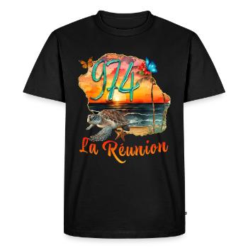 974 île De La Réunion plage Soleil et Tortue - T-shirt Premium bio Homme - noir - Devant - Nico (187cm)