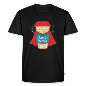 Certains héros portent cape Je fais votre café - T-shirt Premium bio Homme - noir - Devant - Nico (187cm)