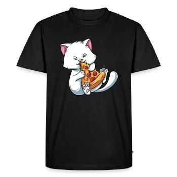 Chaton mange de la pizza - T-shirt Premium bio Homme - noir - Devant - Nico (187cm)