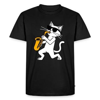 Funny cat with sunglasses and saxophone - Men's Premium Organic T-Shirt - black - Front - Nico (187cm)