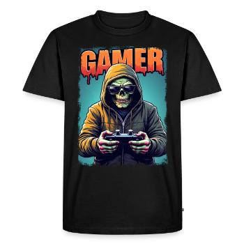 Zombie Gamer avec capot et manette - T-shirt Premium bio Homme - noir - Devant - Nico (187cm)