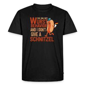 Je suis sur mon comportement de saucisse - T-shirt Premium bio Homme - noir - Devant - Nico (187cm)