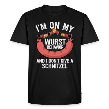 Je suis sur mon comportement de saucisse - T-shirt Premium bio Homme - noir - Devant - Nico (187cm)
