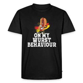 Je suis sur mon comportement de saucisse - T-shirt Premium bio Homme - noir - Devant - Nico (187cm)