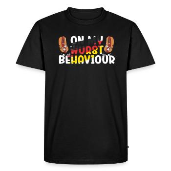 Je suis sur mon comportement de saucisse - T-shirt Premium bio Homme - noir - Devant - Nico (187cm)