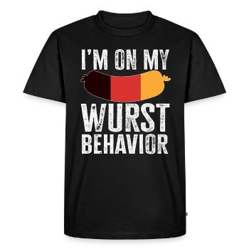 Je suis sur mon comportement de saucisse - T-shirt Premium bio Homme - noir - Devant - Nico (187cm)
