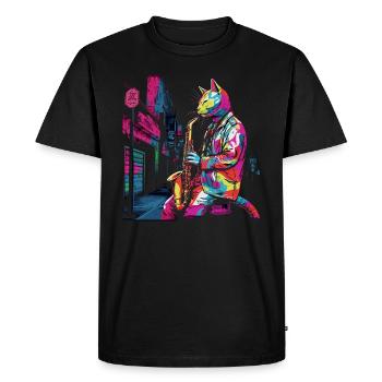 Cat Saxophone Jazz Musician Saxophonist Swing Meow - Men's Premium Organic T-Shirt - black - Front - Nico (187cm)