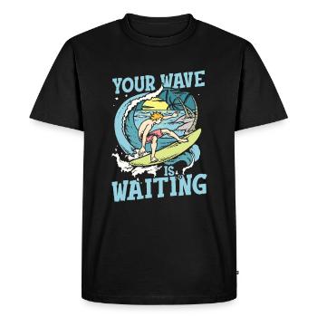 Votre vague attend je surfeur et plage avec des palmiers - T-shirt Premium bio Homme - noir - Devant - Nico (187cm)
