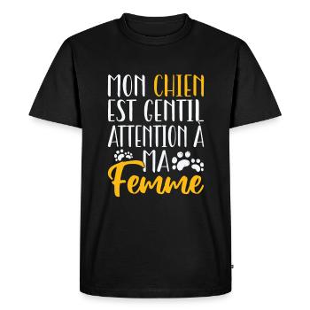 Mon chien est gentil. Attention à ma femme. - T-shirt Premium bio Homme - noir - Devant - Nico (187cm)