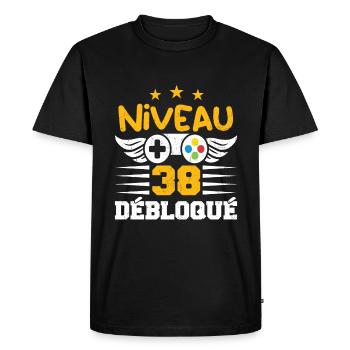 Niveau 38 Débloqué, cadeau de joueur - T-shirt Premium bio Homme - noir - Devant - Nico (187cm)