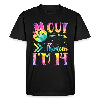 Paix de treize ans, j’ai 14 | Teinture de cravate - T-shirt Premium bio Homme - noir - Devant - Nico (187cm)