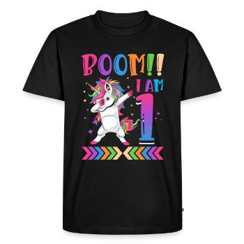 Boom!! Je suis 1, Licorne drôle colorée 1. - T-shirt Premium bio Homme - noir - Devant - Nico (187cm)