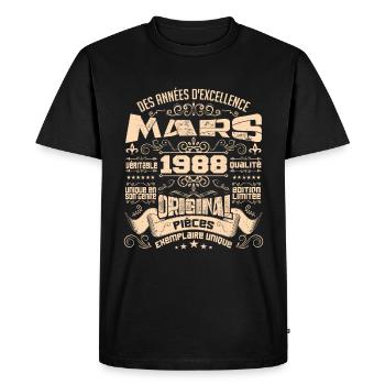 Anniversaire Vintage Né(e) en Mars 1988 - T-shirt Premium bio Homme - noir - Devant - Nico (187cm)