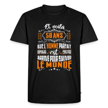 50 ans, Homme parfait, cadeau anniversaire 50ans - T-shirt Premium bio Homme - noir - Devant - Nico (187cm)
