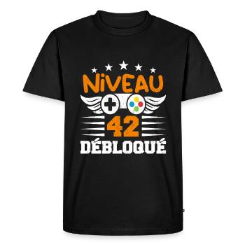Niveau 42 débloqué - idée cadeau anniversaire - T-shirt Premium bio Homme - noir - Devant - Nico (187cm)