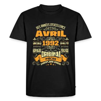 Anniversaire Vintage Né(e) en avril 1992 - T-shirt Premium bio Homme - noir - Devant - Nico (187cm)