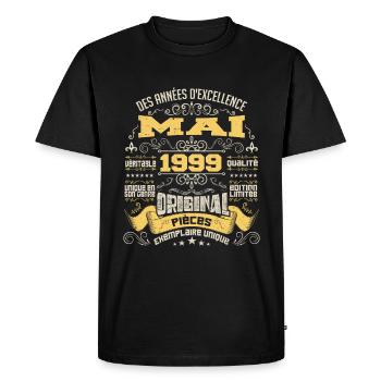 Anniversaire Vintage Né(e) en Mai 1999 - T-shirt Premium bio Homme - noir - Devant - Nico (187cm)