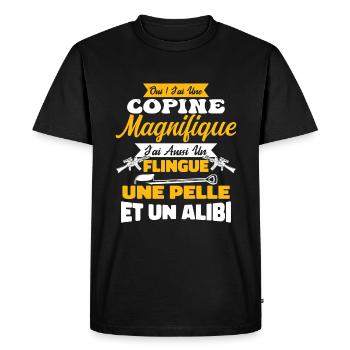 Copine magnifique flingue - pelle - alibi - T-shirt Premium bio Homme - noir - Devant - Nico (187cm)