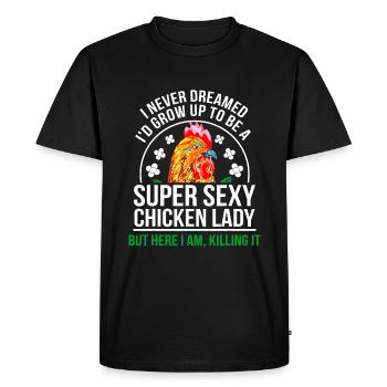 Funny Crazy Chicken Farmer Lady Women - Men's Premium Organic T-Shirt - black - Front - Nico (187cm)