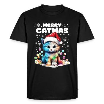 Cute cat with fairy lights celebrating Christmas - Men's Premium Organic T-Shirt - black - Front - Nico (187cm)