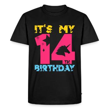 C’EST MON 14E ANNIVERSAIRE LICORNE 14E ANNIVERSAIRE - T-shirt Premium bio Homme - noir - Devant - Nico (187cm)