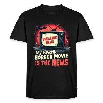 Mon film d’horreur préféré est le thème de l’actualité - T-shirt Premium bio Homme - noir - Devant - Nico (187cm)
