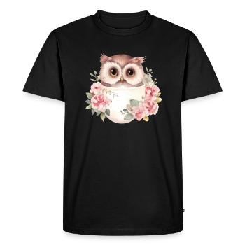 Joli hibou avec des roses dans une tasse - T-shirt Premium bio Homme - noir - Devant - Nico (187cm)