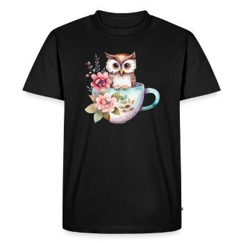 Cute owl with flowers in a coffee cup - Men's Premium Organic T-Shirt - black - Front - Nico (187cm)