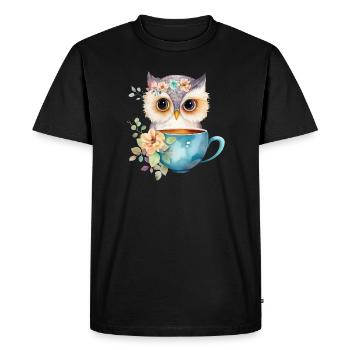 Cute owl with coffee and flowers - Men's Premium Organic T-Shirt - black - Front - Nico (187cm)