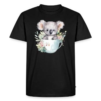 Koala souriant avec des fleurs dans une tasse - T-shirt Premium bio Homme - noir - Devant - Nico (187cm)