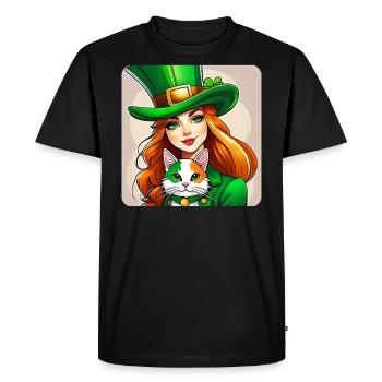 Leprechaun de la Saint-Patrick avec chat - T-shirt Premium bio Homme - noir - Devant - Nico (187cm)
