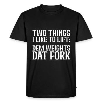 Deux choses que j’aime soulever, les poids, la fourche - T-shirt Premium bio Homme - noir - Devant - Nico (187cm)