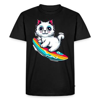Chat blanc sur planche de surf colorée - T-shirt Premium bio Homme - noir - Devant - Nico (187cm)