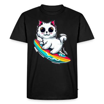 Chat blanc sur planche de surf colorée - T-shirt Premium bio Homme - noir - Devant - Nico (187cm)