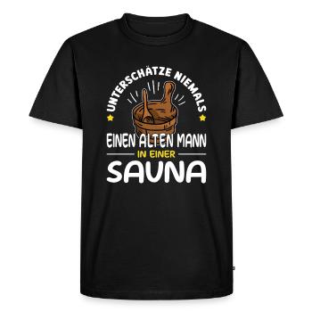Never underestimate an old man in a sauna - Men's Premium Organic T-Shirt - black - Front - Nico (187cm)