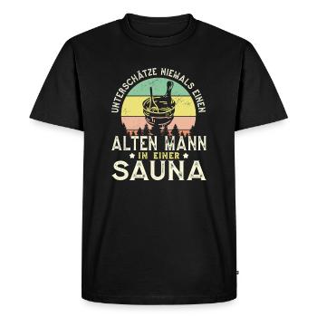 Never underestimate an old man in a sauna - Men's Premium Organic T-Shirt - black - Front - Nico (187cm)