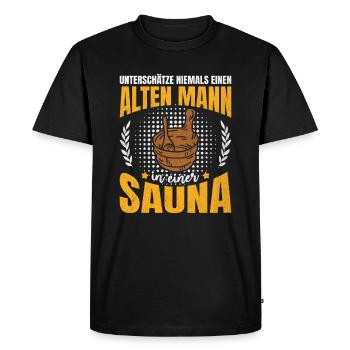 Never underestimate an old man in a sauna - Men's Premium Organic T-Shirt - black - Front - Nico (187cm)