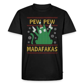 Pew Pew Ugly Christmas Crazy Cat - Men's Premium Organic T-Shirt - black - Front - Nico (187cm)