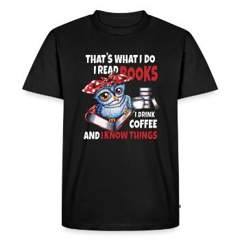 Hibou avec thé chaud Lire confortablement un livre - T-shirt Premium bio Homme - noir - Devant - Nico (187cm)