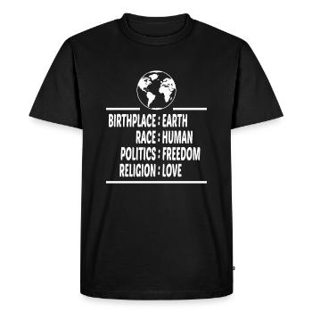 Lieu de naissance Terre Race Liberté humaine Religion Amour - T-shirt Premium bio Homme - noir - Devant - Nico (187cm)