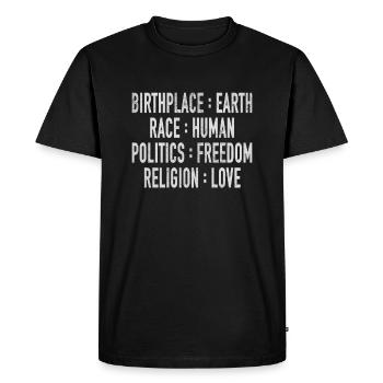 Lieu de naissance Terre Race Liberté humaine Religion Amour - T-shirt Premium bio Homme - noir - Devant - Nico (187cm)