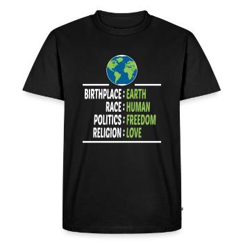 Lieu de naissance Terre Race Liberté humaine Religion Amour - T-shirt Premium bio Homme - noir - Devant - Nico (187cm)