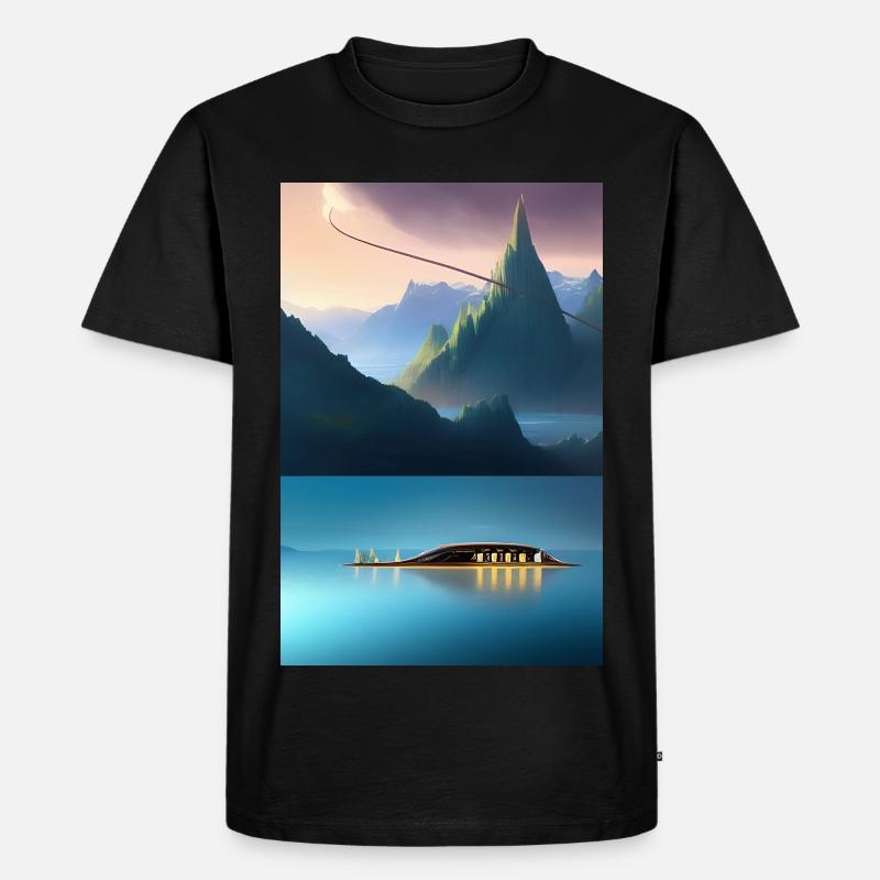 Landschaft mit See, Boot und Berge - Männer Premium Bio T-Shirt - Schwarz