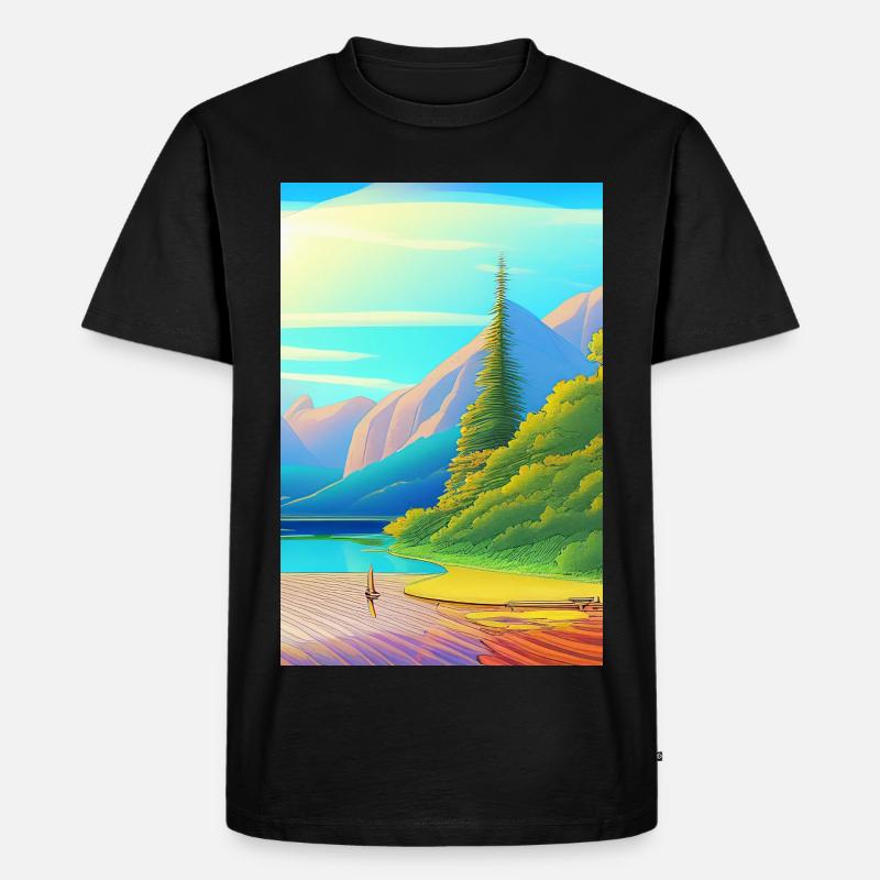 Landschaft mit See, Boot und Berge - Männer Premium Bio T-Shirt - Schwarz