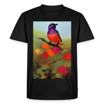 Oiseau sur branche avec des fleurs colorées - T-shirt Premium bio Homme - noir - Devant - Nico (187cm)