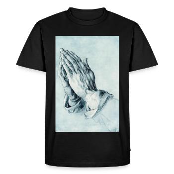 Hommage Dürers « Mains priantes » avec 6 doigts Slop - T-shirt Premium bio Homme - noir - Devant - Nico (187cm)
