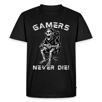 Gamers Never Die – Gamer Skeleton Design - Men's Premium Organic T-Shirt - black - Front - Nico (187cm)