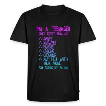 Je suis un adolescent, ne vous attendez pas à moi, souriez... 4 - T-shirt Premium bio Homme - noir - Devant - Nico (187cm)