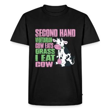 Second Hand Vegetarian, Cow Eats Grass, I Eat Cow - Men's Premium Organic T-Shirt - black - Front - Nico (187cm)
