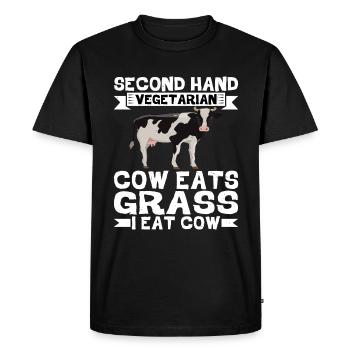 Second Hand Vegetarian, Cow Eats Grass, I Eat Cow2 - Men's Premium Organic T-Shirt - black - Front - Nico (187cm)
